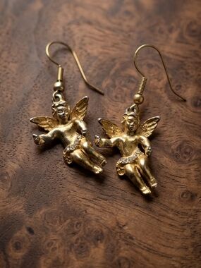 Gold Cherub Drop Earrings - Women Jewelry